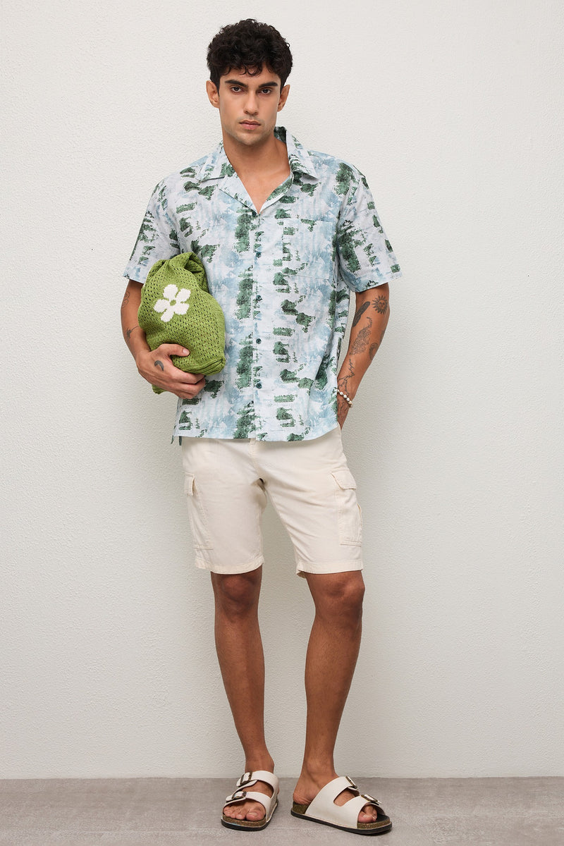 OHIO - MENS PREMIUM COTTON BLEND GREEN PRINTED CASUAL RELAXED FIT CUBAN SHIRT