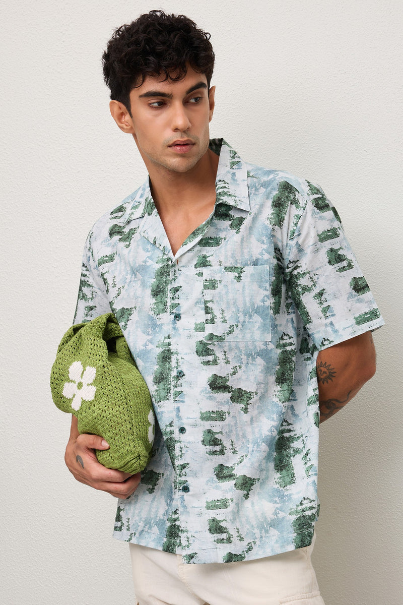 OHIO - MENS PREMIUM COTTON BLEND GREEN PRINTED CASUAL RELAXED FIT CUBAN SHIRT