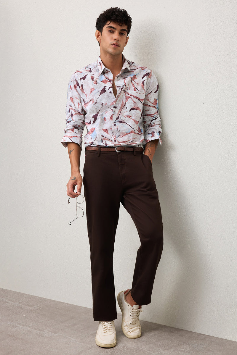 RAVELLO - MENS PREMIUM COTTON BROWN PRINTED CASUAL SLIM FIT SHIRT