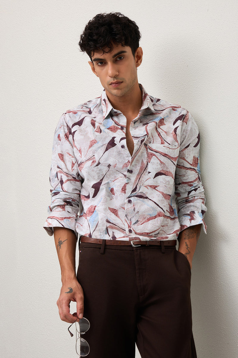 RAVELLO - MENS PREMIUM COTTON BROWN PRINTED CASUAL SLIM FIT SHIRT