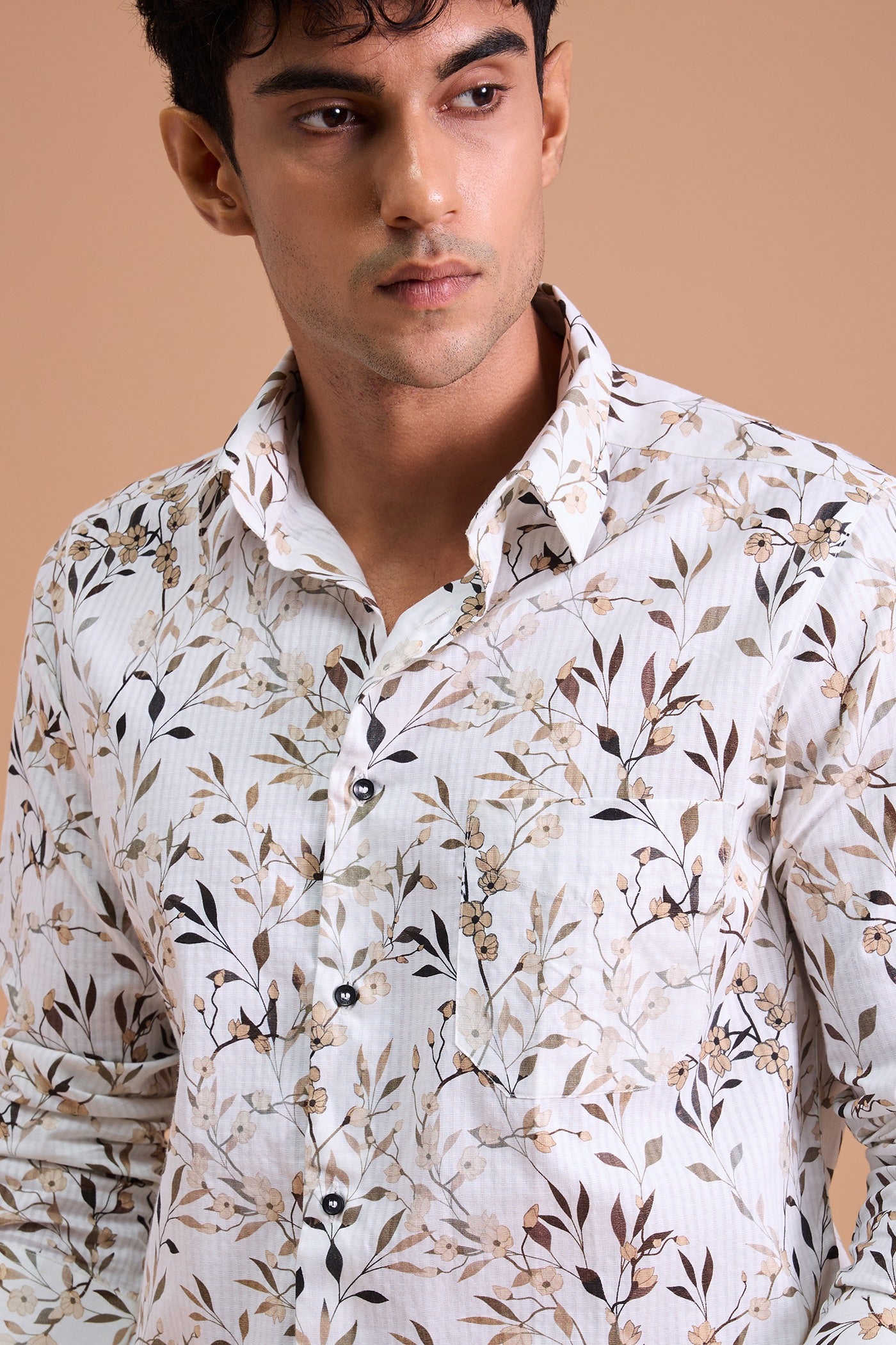 AVEL- MEN AVEL PREMIUM COTTON BEIGE PRINTED CASUAL SLIM FIT SHIRT