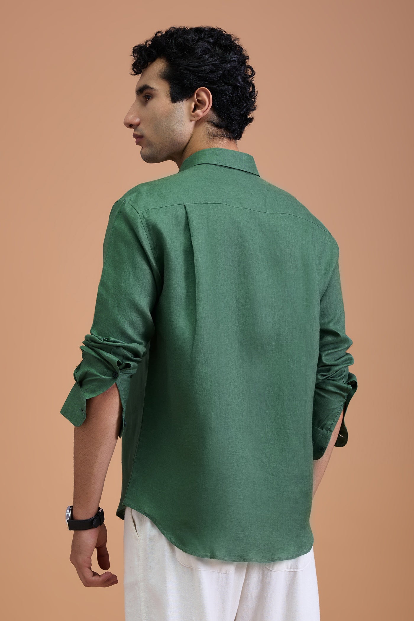NILO- MENS PREMIUM 100% LINEN SAGE GREEN SOLID REGULAR FIT SHIRT