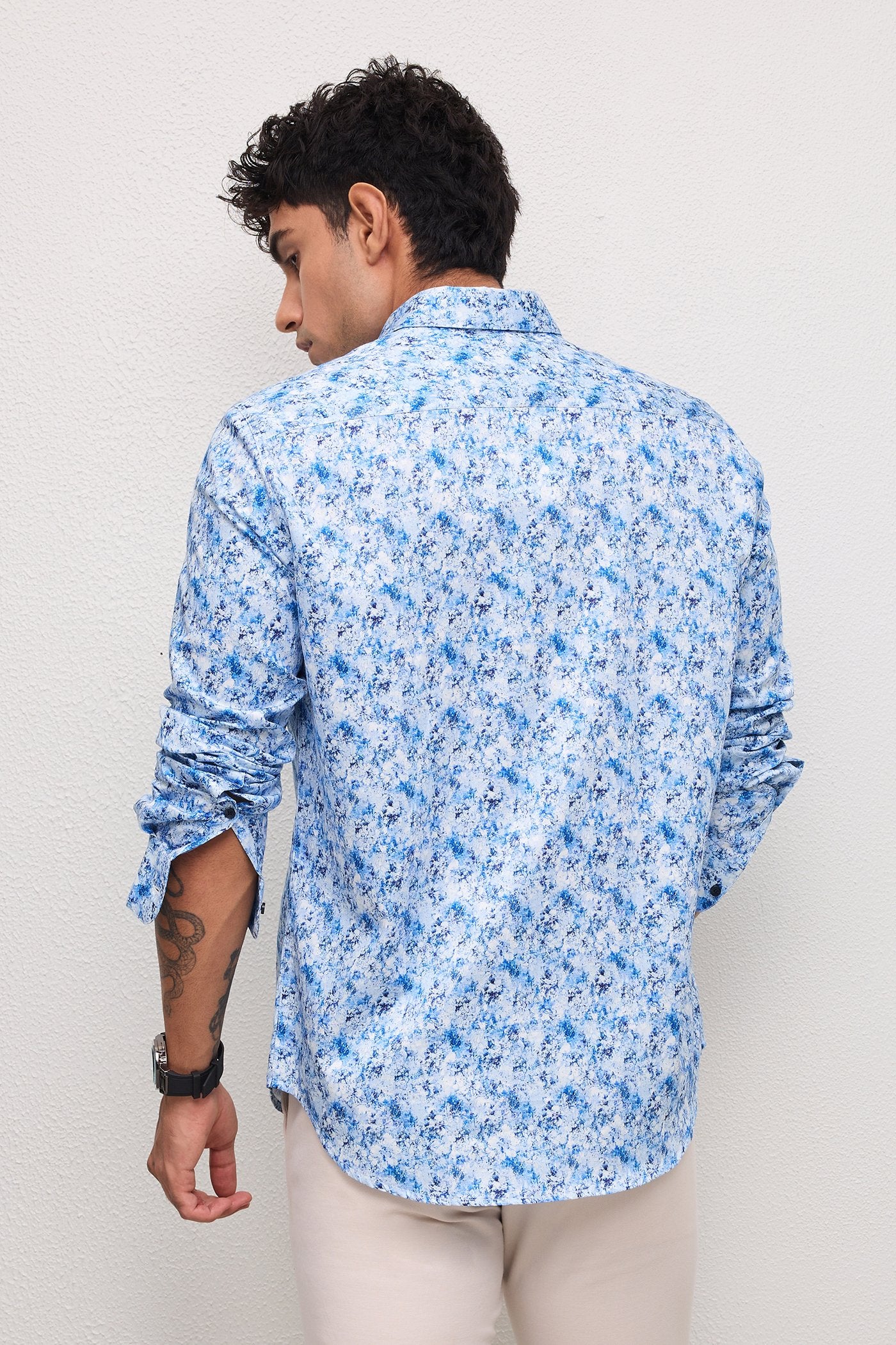 AZURE- MENS AZURE PREMIUM COTTON BLUE PRINTED CASUAL SLIM FIT SHIRT