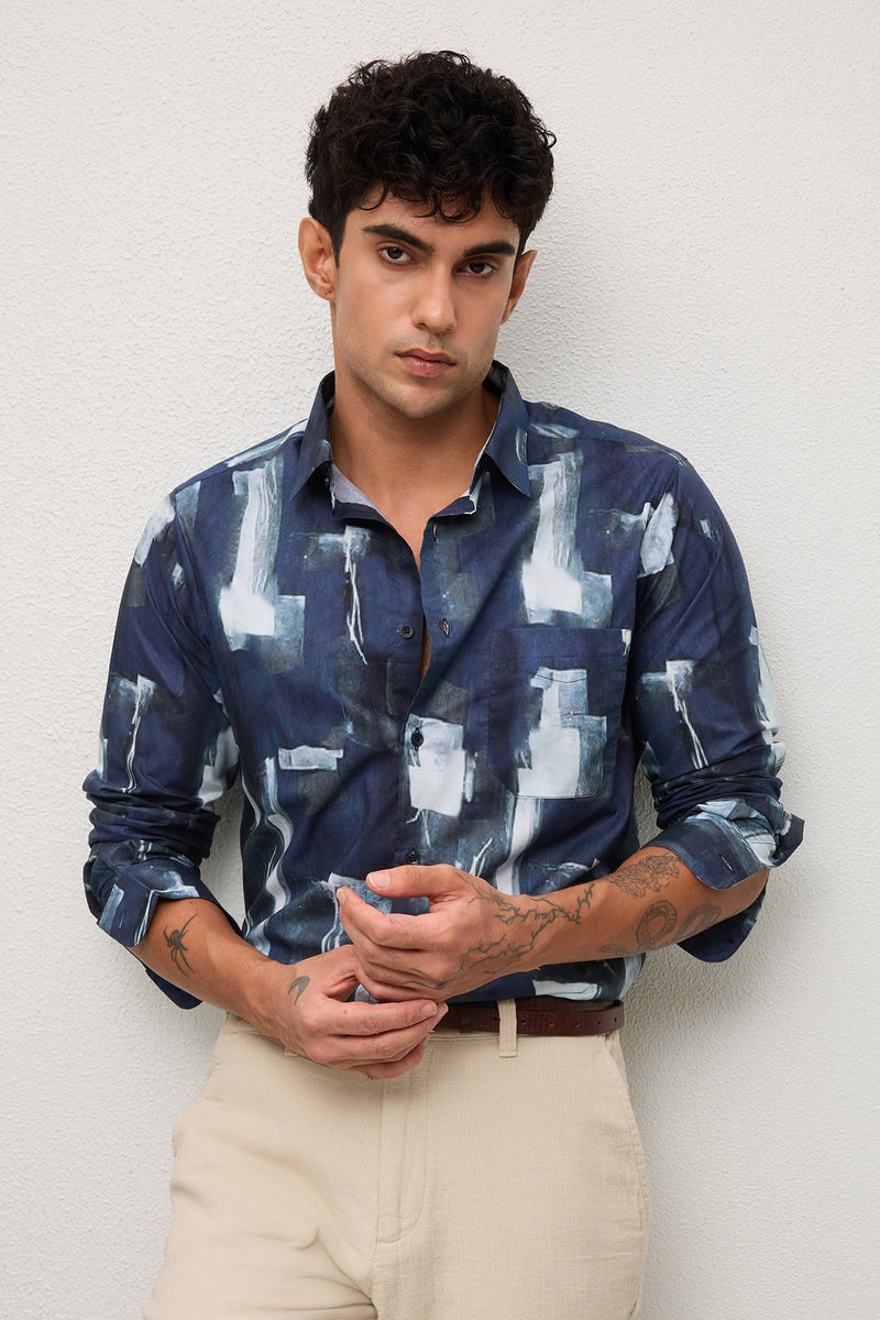 FJORD - MENS PREMIUM COTTON NAVY BLUE CONTEMRORY PRINT SLIM FIT SHIRT