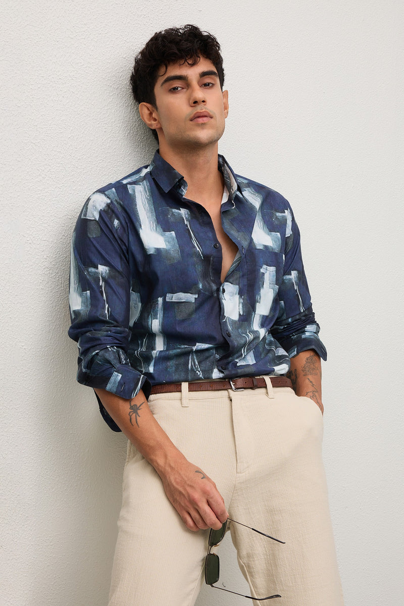 FJORD - MENS PREMIUM COTTON NAVY BLUE CONTEMRORY PRINT SLIM FIT SHIRT
