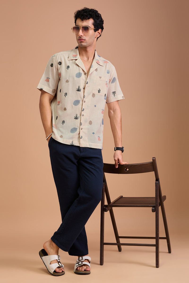 MARENO - MENS PREMIUM COTTON LINEN BLEND OFF WHITE BOTANICAL EMBROIDERY RELAXED FIT CUBAN SHIRT