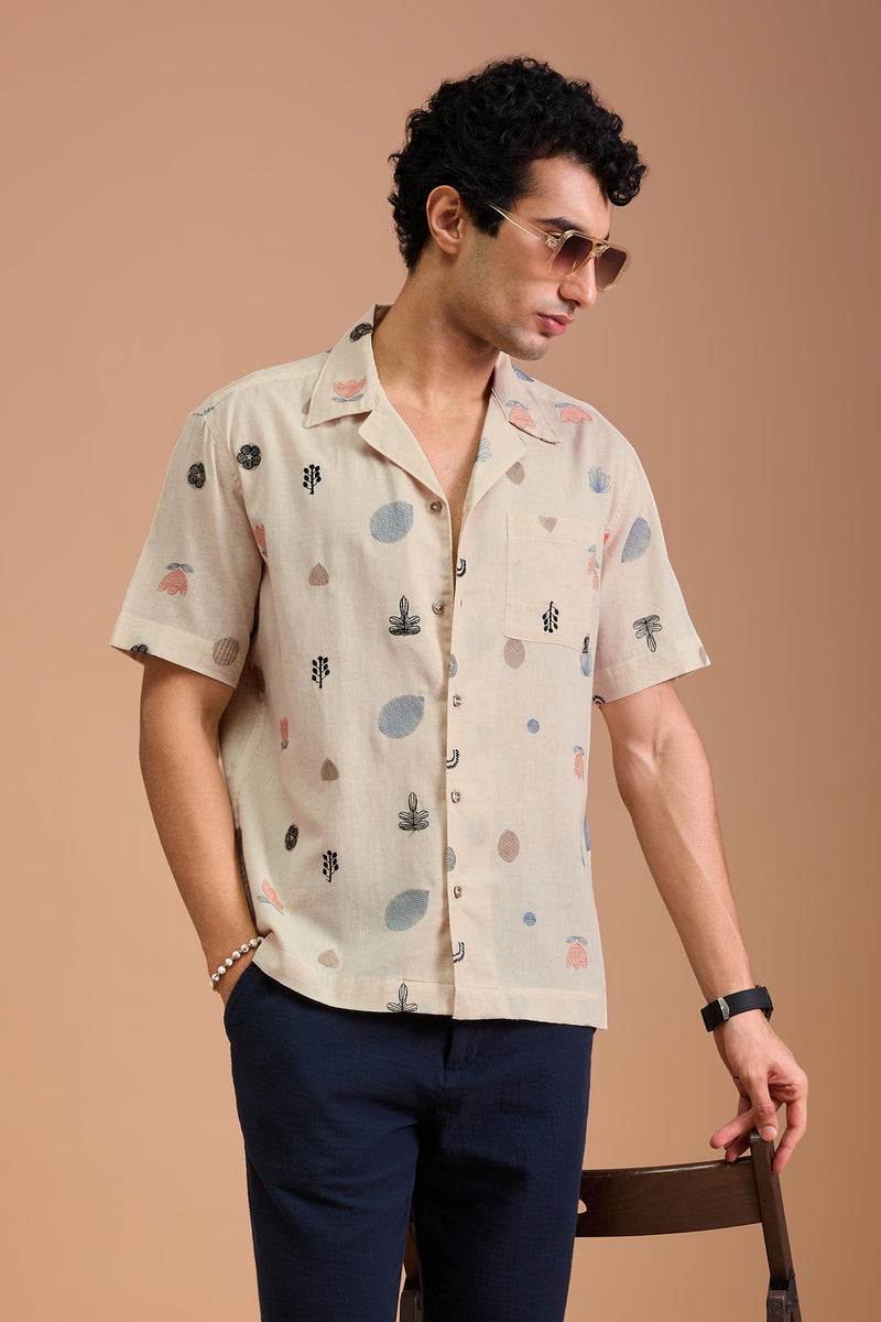 MARENO - MENS PREMIUM COTTON LINEN BLEND OFF WHITE BOTANICAL EMBROIDERY RELAXED FIT CUBAN SHIRT