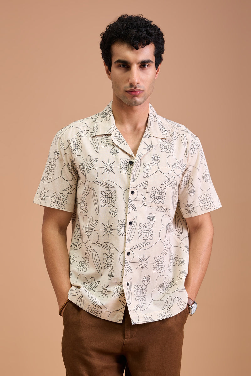 VESPER - MENS PREMIUM COTTON LINEN BLEND OFF WHITE ABSTRACT EMBROIDERY RELAXED FIT CUBAN SHIRT