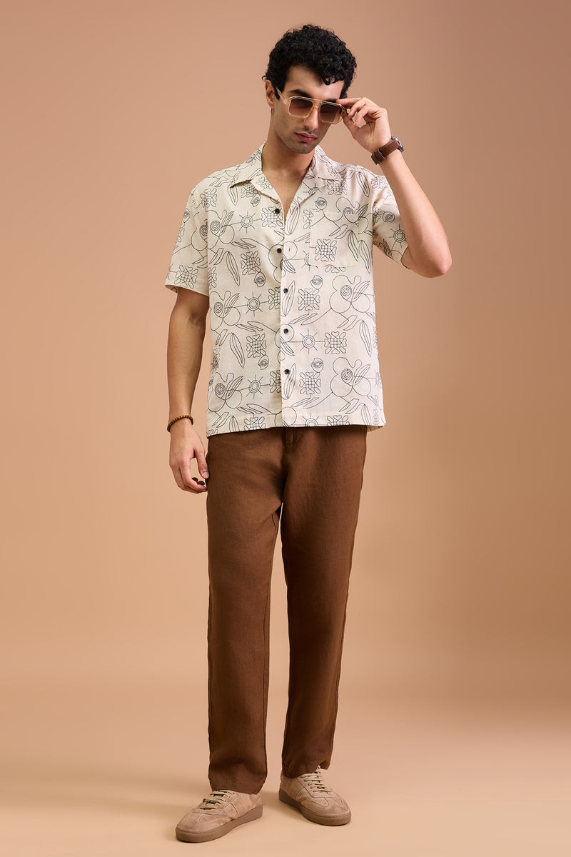 VESPER - MENS PREMIUM COTTON LINEN BLEND OFF WHITE ABSTRACT EMBROIDERY RELAXED FIT CUBAN SHIRT