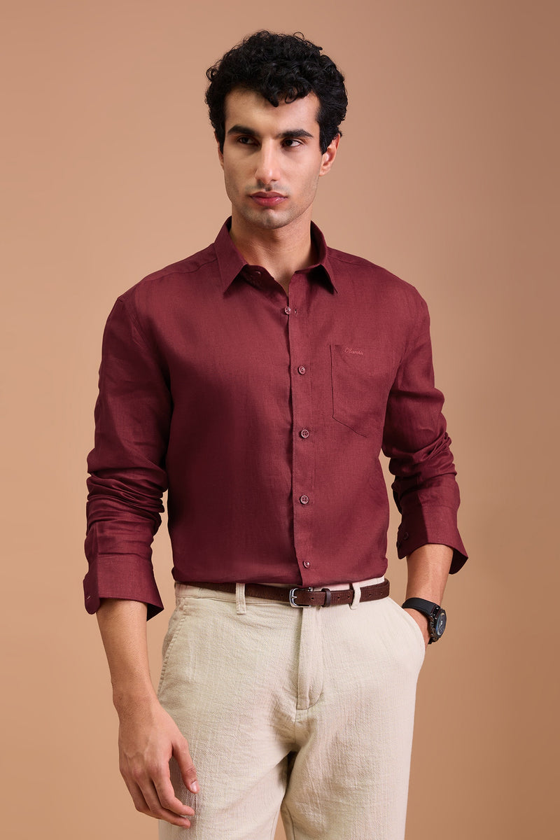 CLARET-MENS LUXURY IRISH LINEN CRIMSON SOLID REGULAR FIT SHIRT