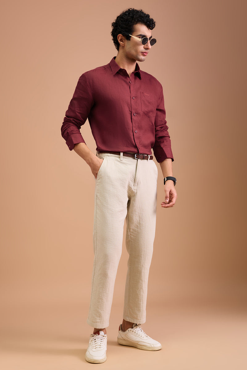CLARET-MENS LUXURY IRISH LINEN CRIMSON SOLID REGULAR FIT SHIRT