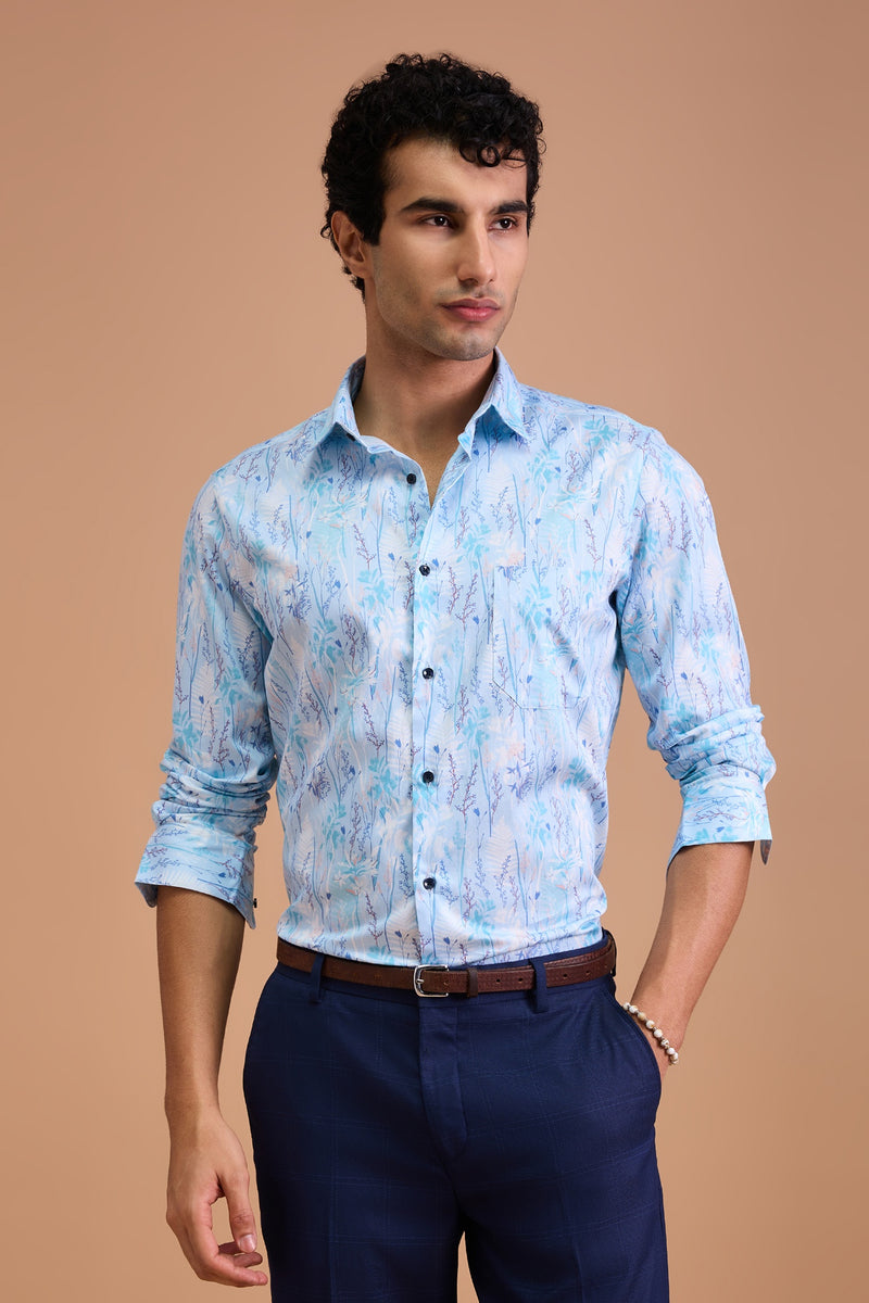 MIST - MENS PREMIUM COTTON BLUE BOTANICAL PRINTED CASUAL SLIM FIT SHIRT