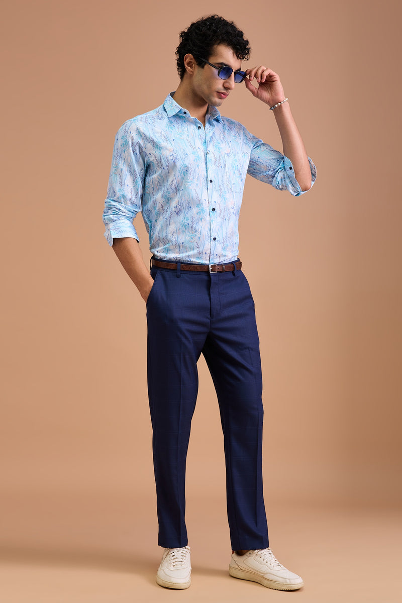 MIST - MENS PREMIUM COTTON BLUE BOTANICAL PRINTED CASUAL SLIM FIT SHIRT