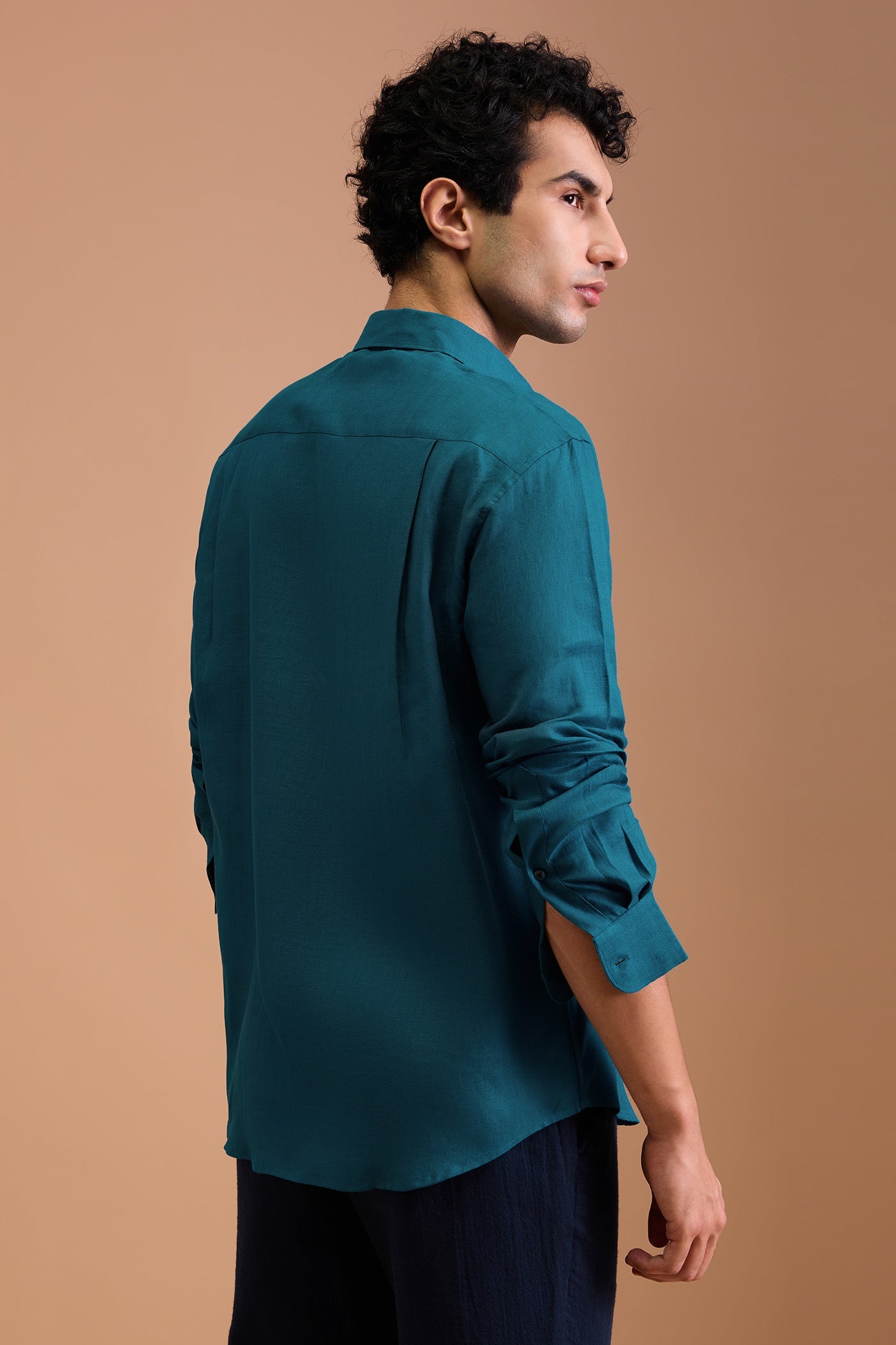 EMORY- MENS PREMIUM 100% LINEN VIBRANT BLUE SOLID REGULAR FIT SHIRT