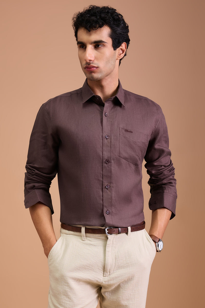 SOMBRE - MENS LUXURY IRISH LINEN BROWN SOLID REGULAR FIT SHIRT