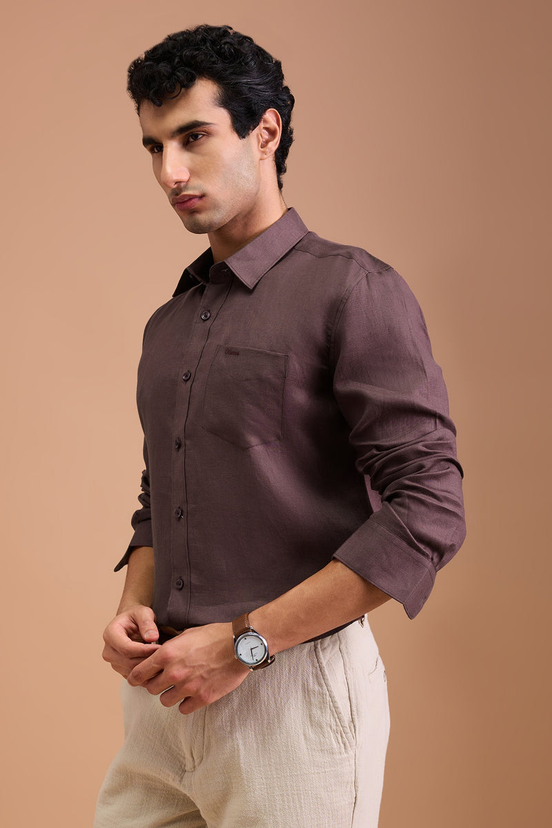 SOMBRE - MENS LUXURY IRISH LINEN BROWN SOLID REGULAR FIT SHIRT