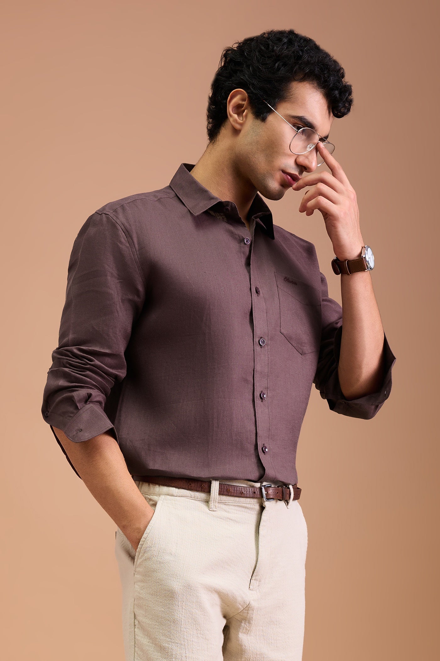 SOMBRE- MENS PREMIUM LINEN BURGANDY SOLID REGULAR FIT SHIRT