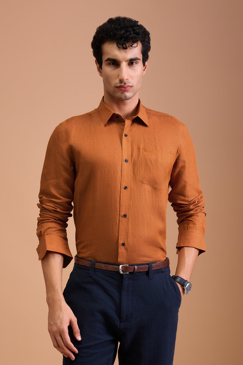 ALBA- MENS LUXURY IRISH LINEN RUSTIC AMBER SOLID REGULAR FIT SHIRT