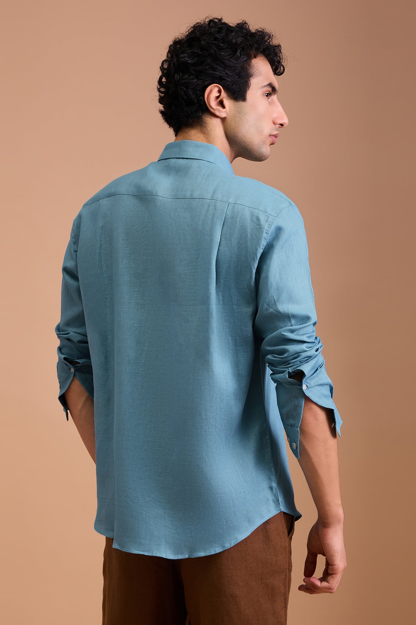CIAN- MENS PREMIUM 100% LINEN SEA BLUE SOLID REGULAR FIT SHIRT