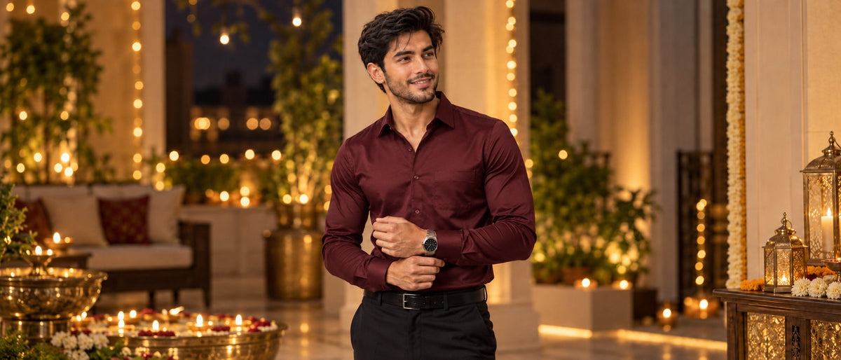 Man in a maroon satin-weave shirt and black trousers at an evening Diwali gathering lit by diyas and lanterns