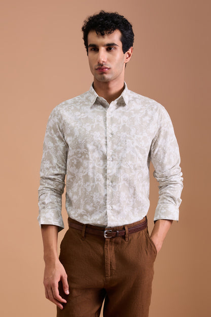 STELLAN- MENS STELLAN PREMIUM COTTON BEIGE PRINTED CASUAL SLIM FIT SHIRT