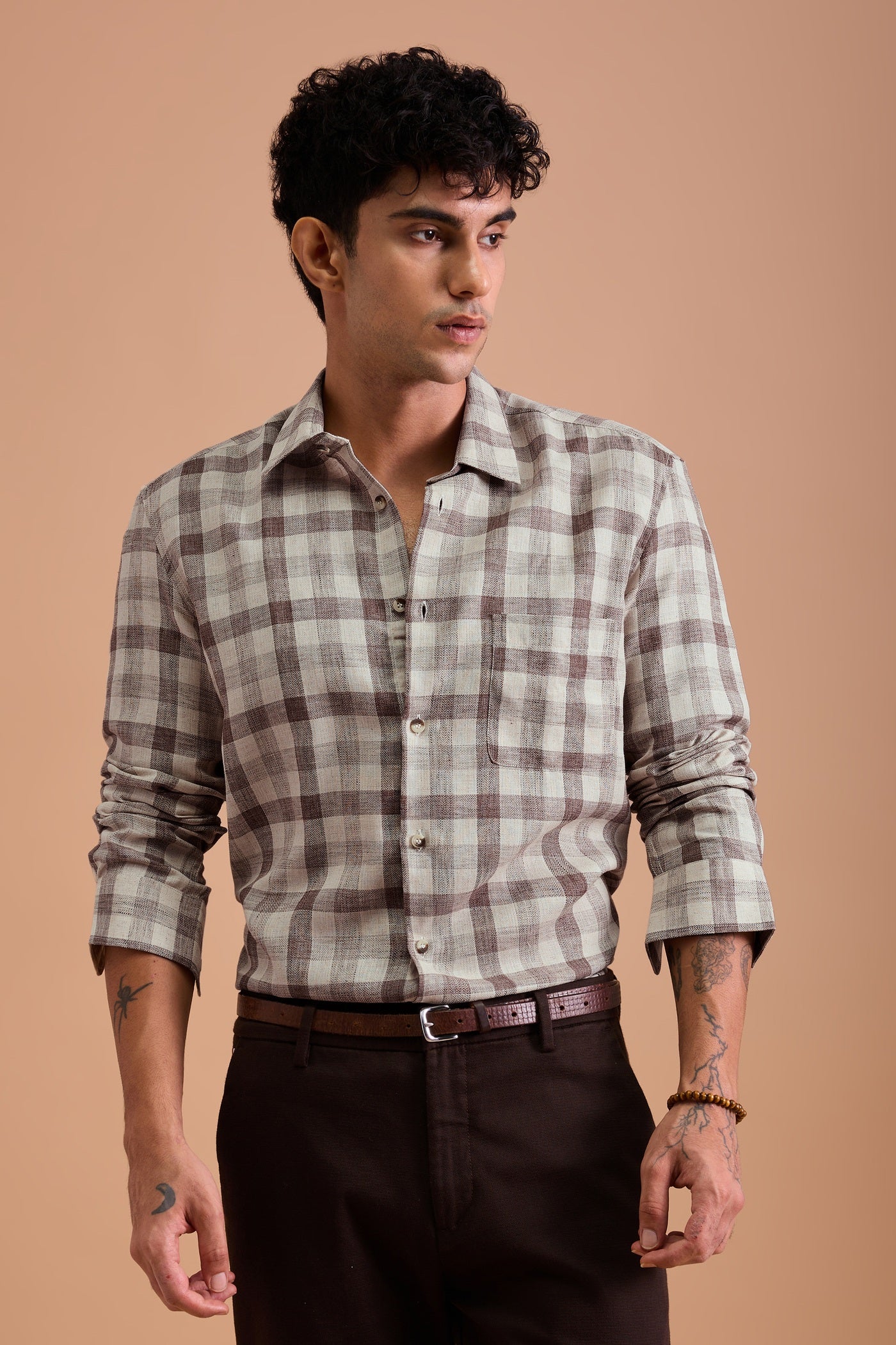 TERRANO- MENS PREMIUM COTTON BLEND BROWN CHEVRON DOBBY CHECKED REGULAR FIT SHIRT