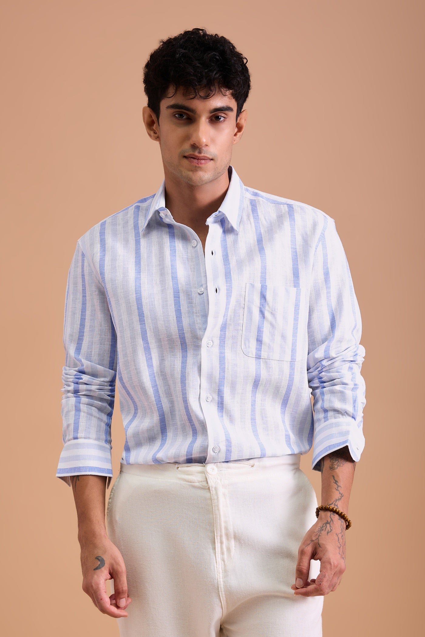 BOREL- MENS PREMIUM COTTON LINEN BLEND BLUE REGULAR FIT SHIRT