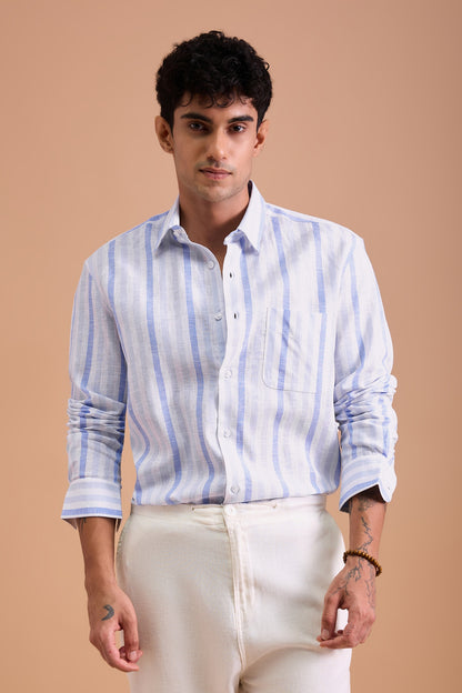 BOREL- MENS PREMIUM COTTON LINEN BLEND BLUE REGULAR FIT SHIRT