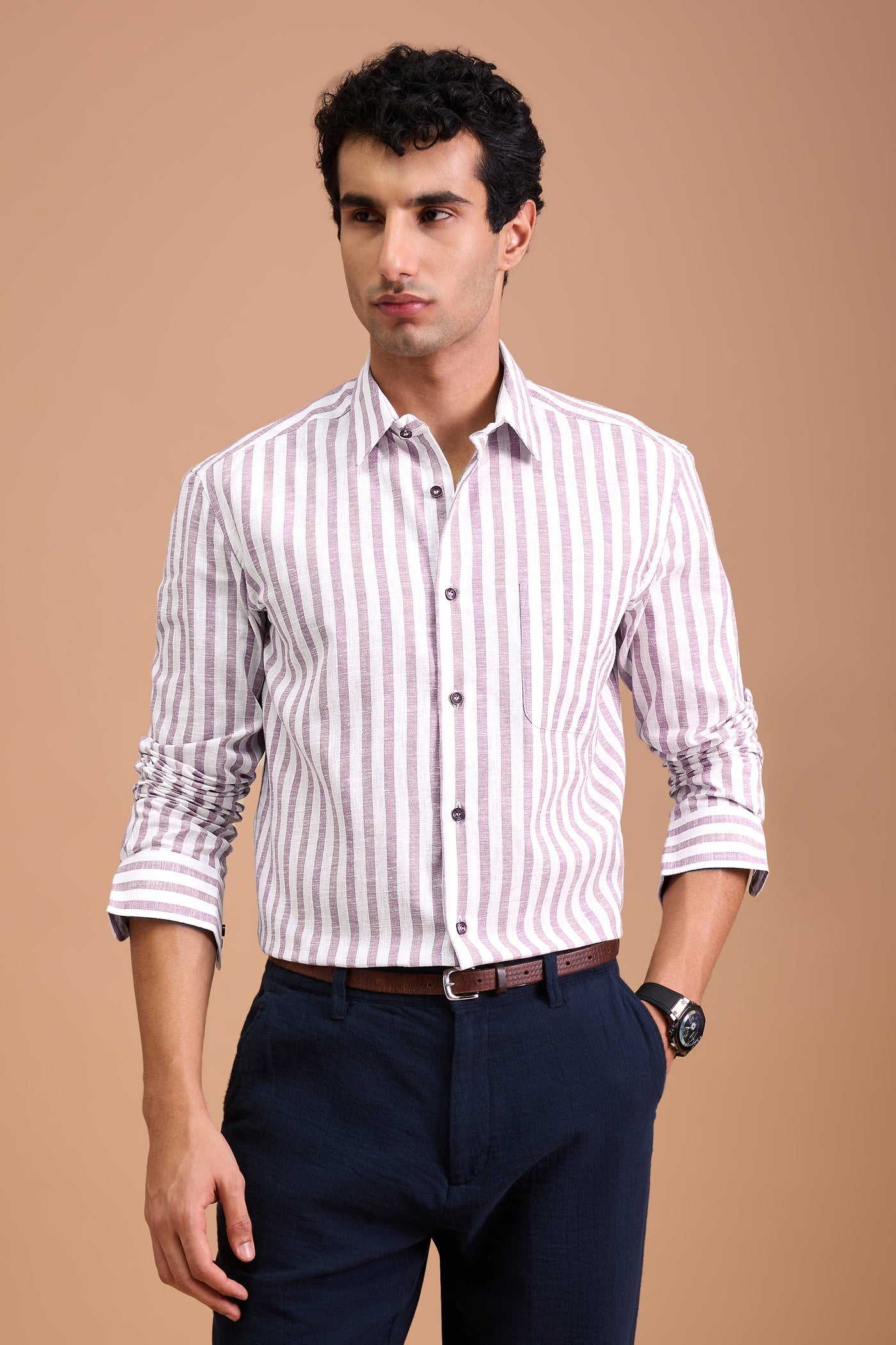 TEO- MENS PREMIUM COTTON LINEN BLEND MAUVE STRIPED REGULAR FIT SHIRT