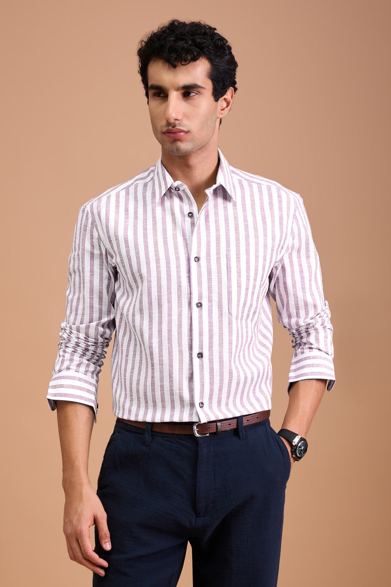 TEO- MENS PREMIUM COTTON LINEN BLEND MAUVE STRIPED REGULAR FIT SHIRT