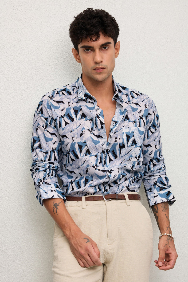 GROVE- MEN GROVE PREMIUM COTTON BLEND BLUE PRINTED CASUAL SLIM FIT SHIRT