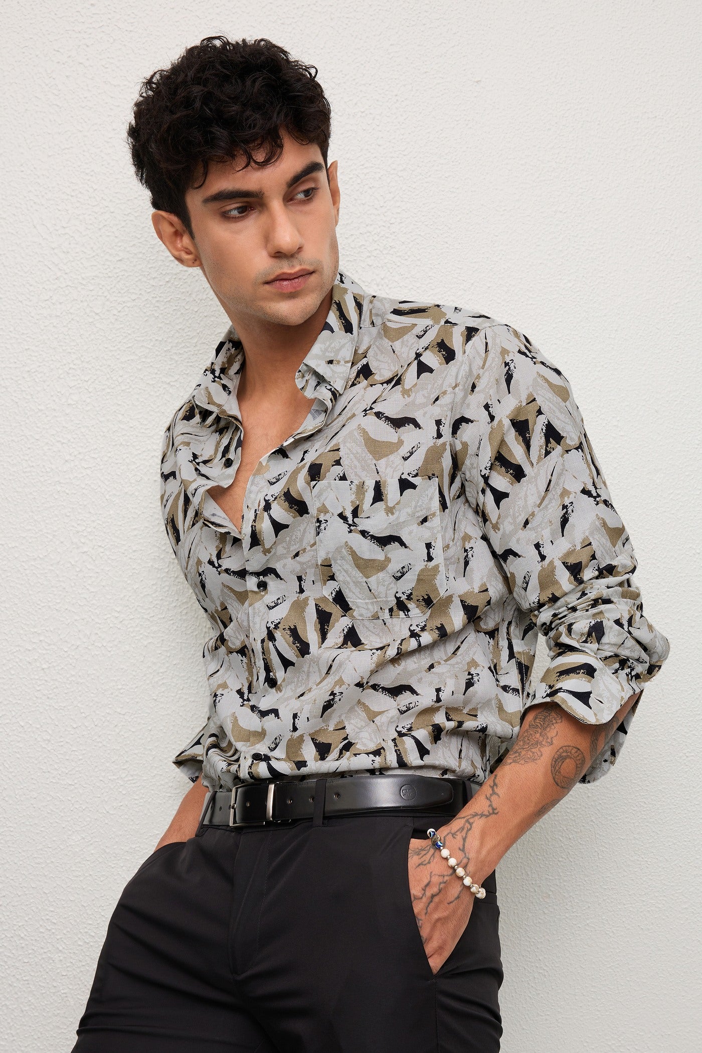 FROND- MENS FROND PREMIUM COTTON BLEND BEIGE PRINTED CASUAL SLIM FIT SHIRT