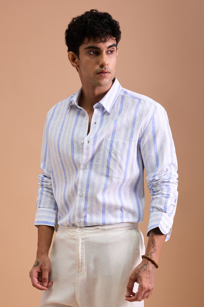 BOREL- MENS PREMIUM COTTON LINEN BLEND BLUE REGULAR FIT SHIRT