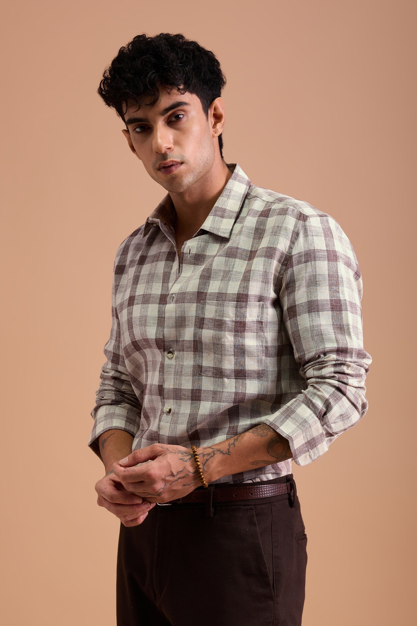 TERRANO- MENS PREMIUM COTTON BLEND BROWN CHEVRON DOBBY CHECKED REGULAR FIT SHIRT