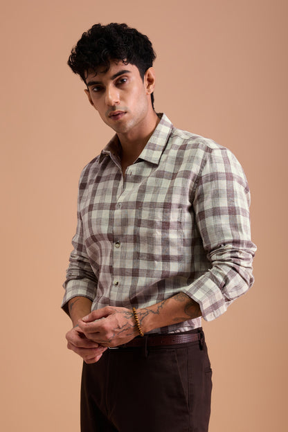 TERRANO- MENS PREMIUM COTTON BLEND BROWN CHEVRON DOBBY CHECKED REGULAR FIT SHIRT