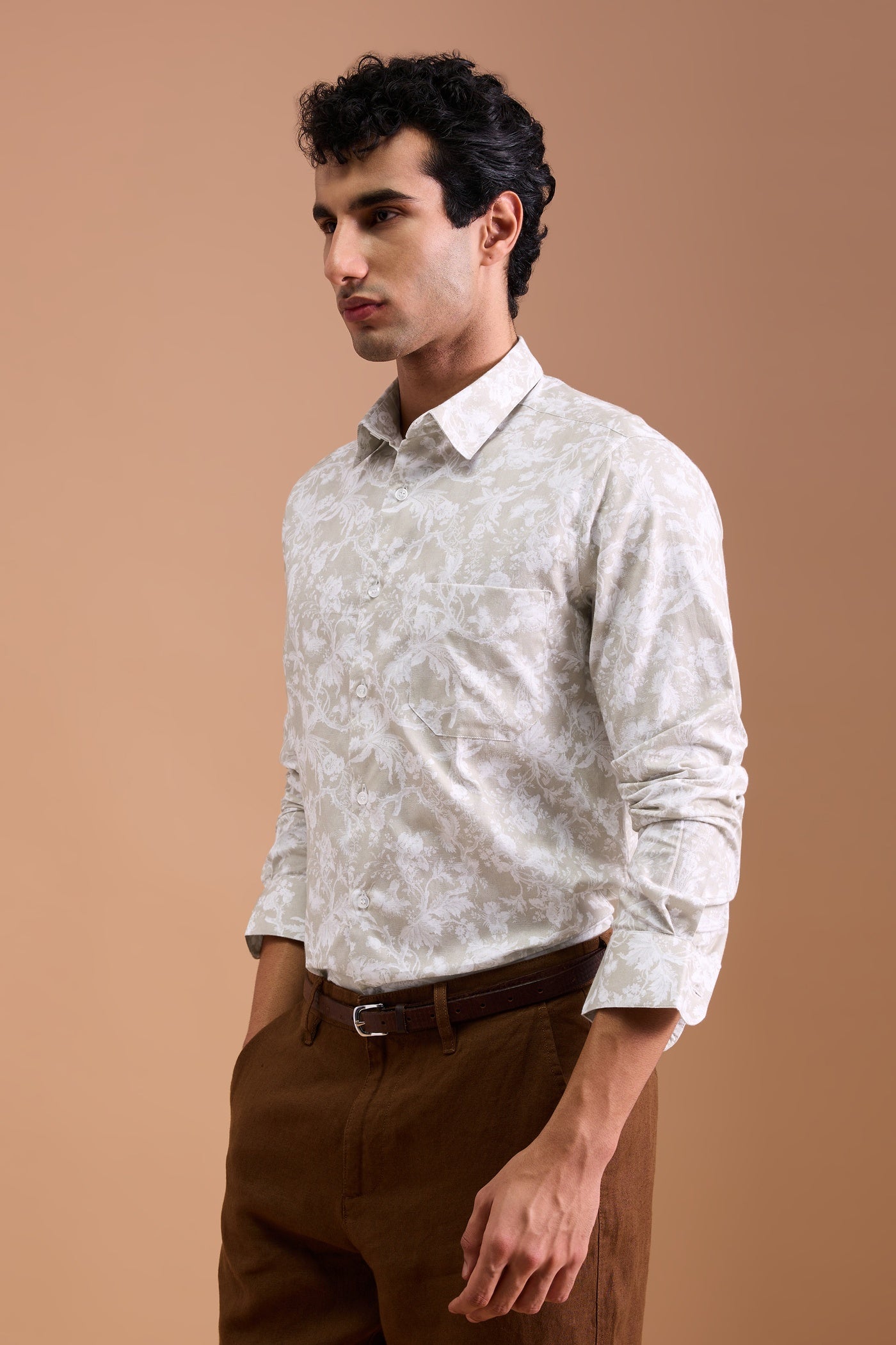 STELLAN- MENS STELLAN PREMIUM COTTON BEIGE PRINTED CASUAL SLIM FIT SHIRT