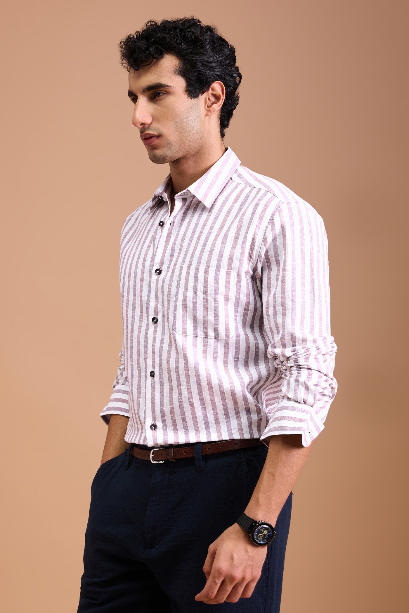 TEO- MENS PREMIUM COTTON LINEN BLEND MAUVE STRIPED REGULAR FIT SHIRT