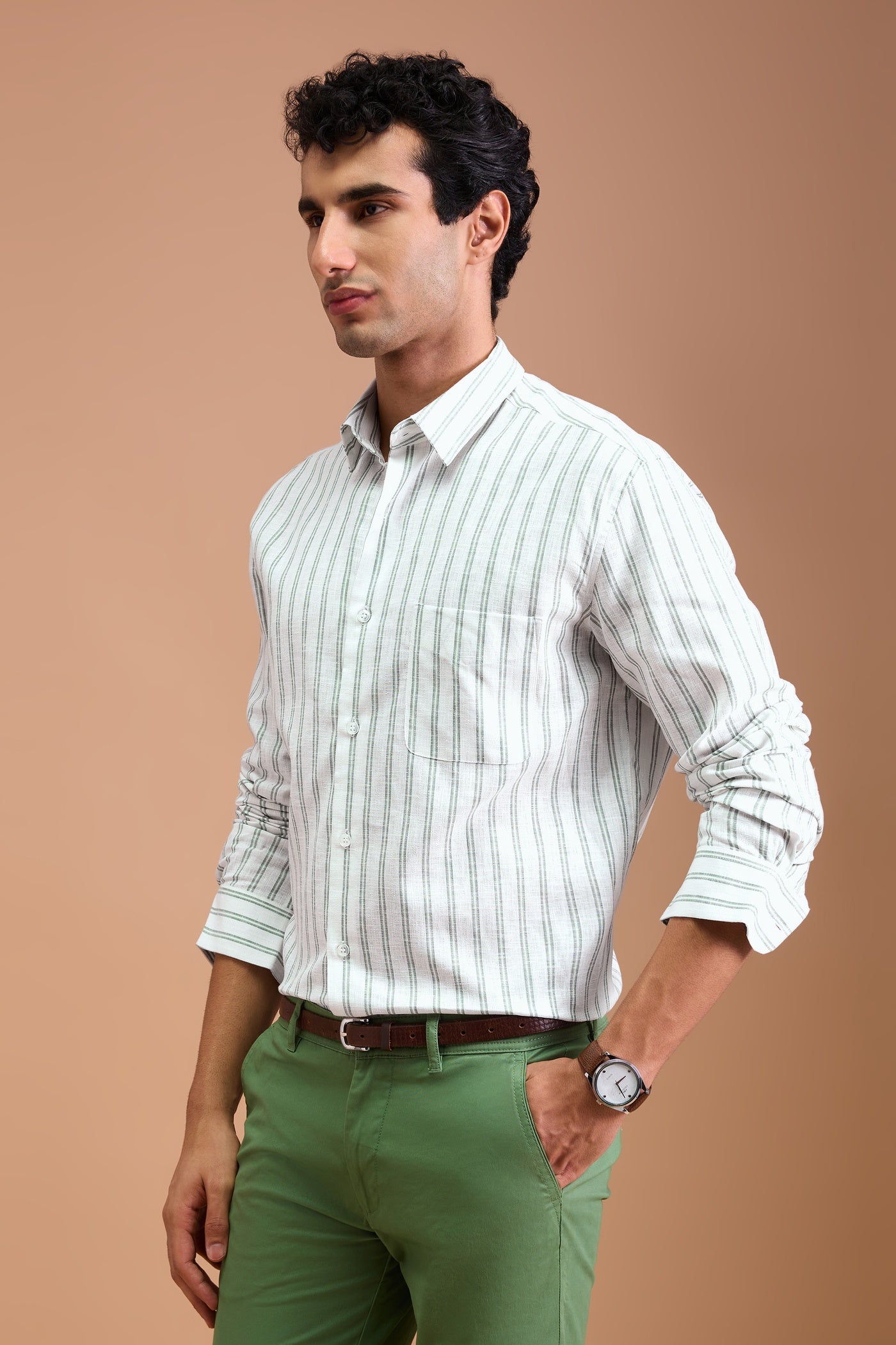 MARAISE- MENS PREMIUM COTTON LINEN BLEND GREEN STRIPED REGULAR FIT SHIRT