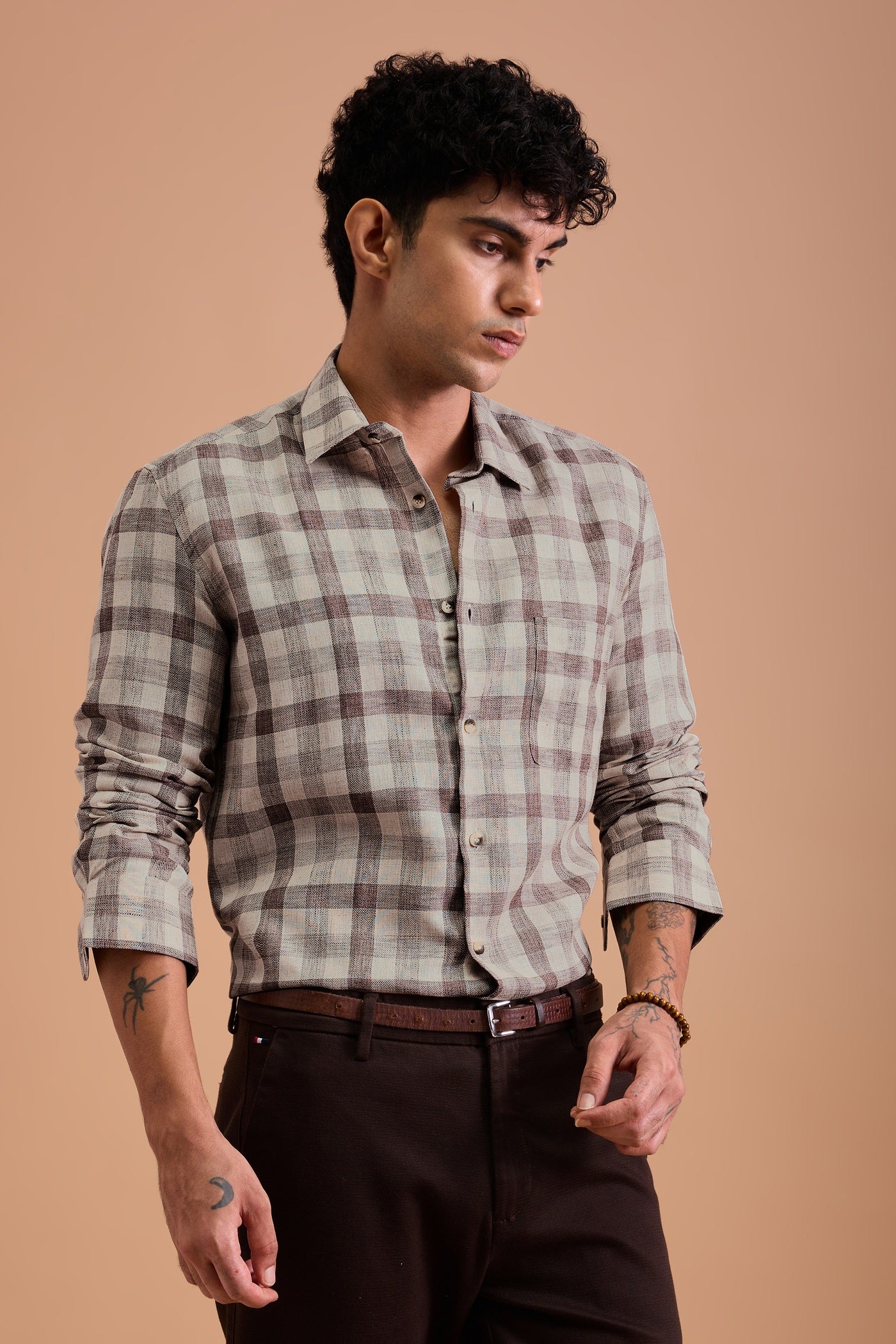TERRANO- MENS PREMIUM COTTON BLEND BROWN CHEVRON DOBBY CHECKED REGULAR FIT SHIRT