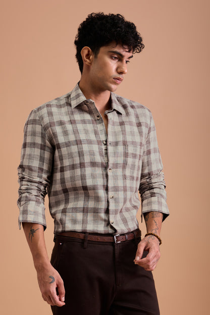 TERRANO- MENS PREMIUM COTTON BLEND BROWN CHEVRON DOBBY CHECKED REGULAR FIT SHIRT