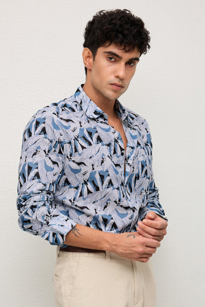 GROVE- MEN GROVE PREMIUM COTTON BLEND BLUE PRINTED CASUAL SLIM FIT SHIRT