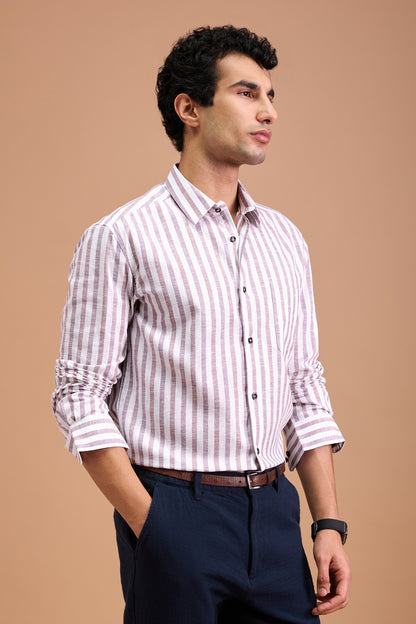 TEO- MENS PREMIUM COTTON LINEN BLEND MAUVE STRIPED REGULAR FIT SHIRT