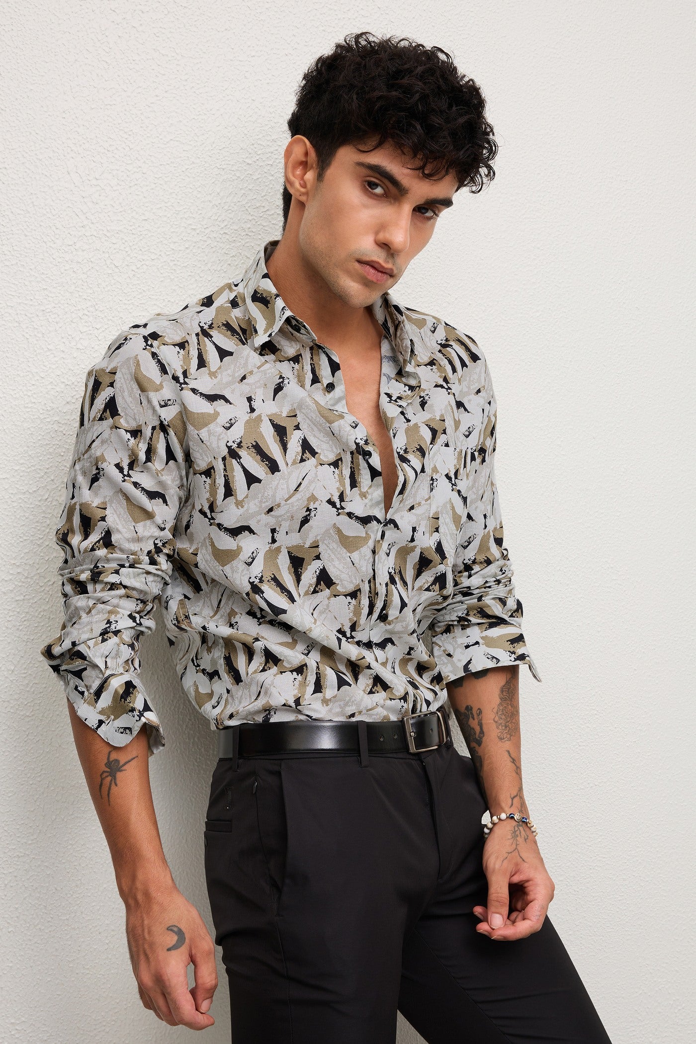 FROND- MENS FROND PREMIUM COTTON BLEND BEIGE PRINTED CASUAL SLIM FIT SHIRT