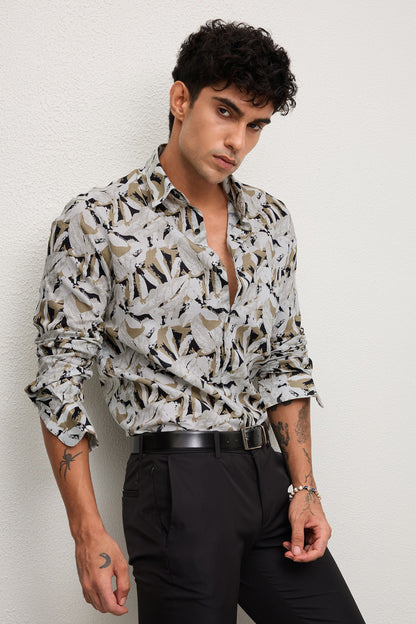 FROND- MENS FROND PREMIUM COTTON BLEND BEIGE PRINTED CASUAL SLIM FIT SHIRT