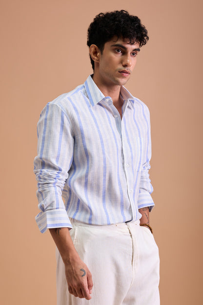 BOREL- MENS PREMIUM COTTON LINEN BLEND BLUE REGULAR FIT SHIRT