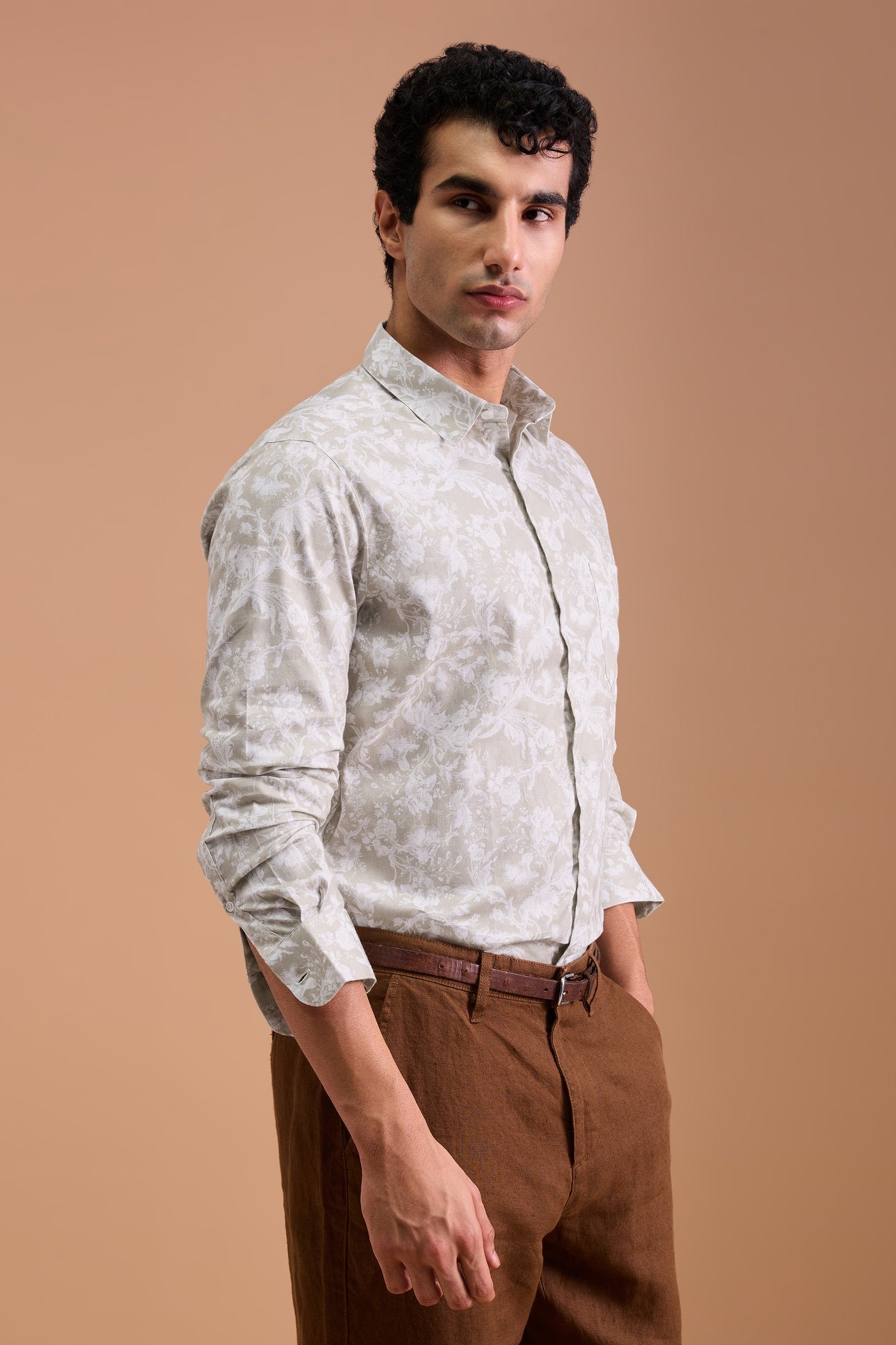 STELLAN- MENS STELLAN PREMIUM COTTON BEIGE PRINTED CASUAL SLIM FIT SHIRT