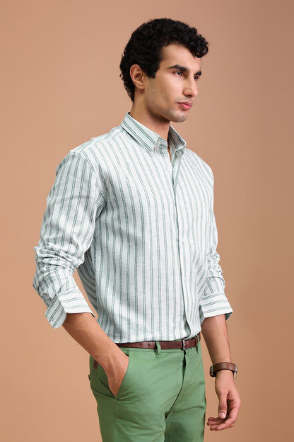 MARAISE- MENS PREMIUM COTTON LINEN BLEND GREEN STRIPED REGULAR FIT SHIRT