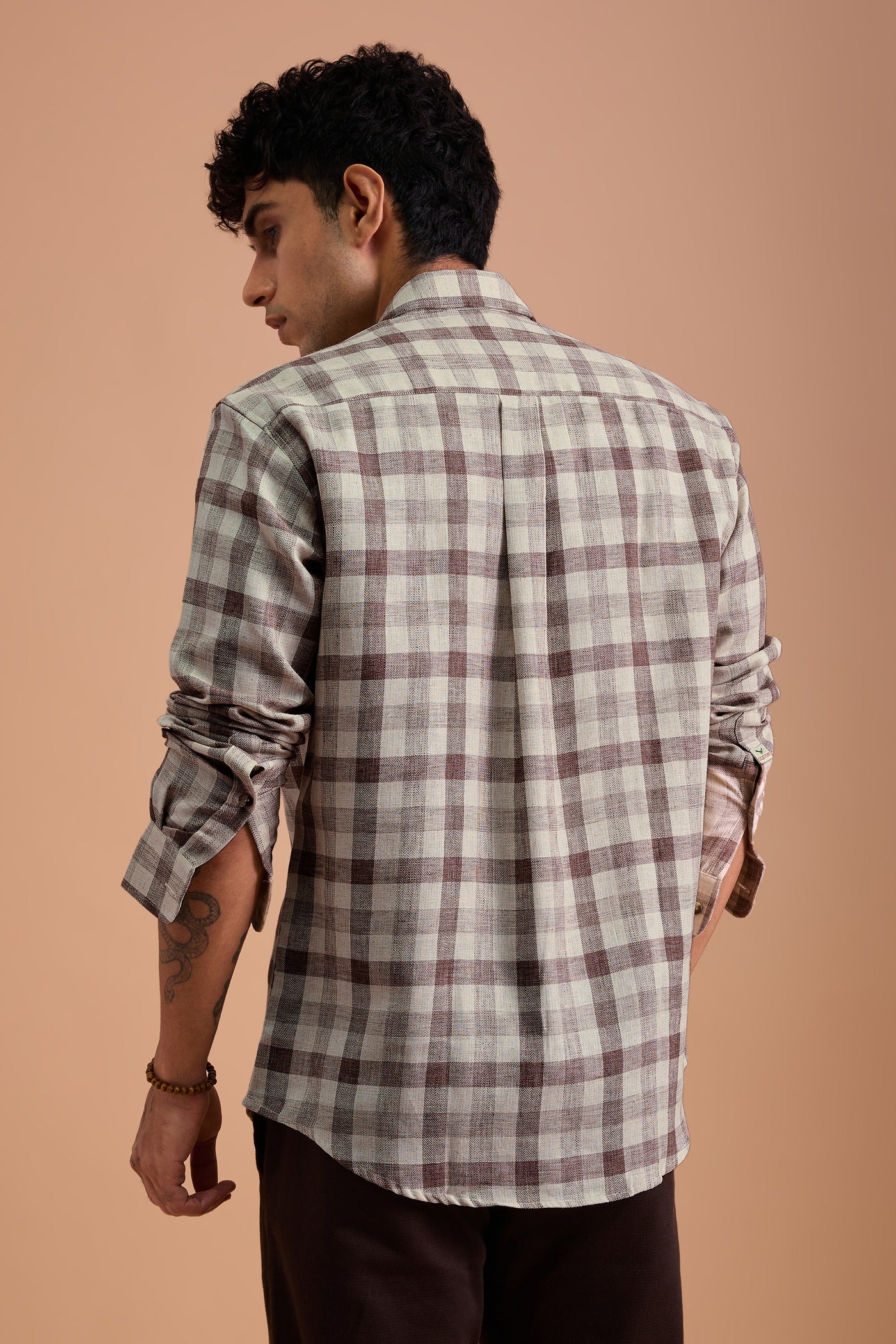 TERRANO- MENS PREMIUM COTTON BLEND BROWN CHEVRON DOBBY CHECKED REGULAR FIT SHIRT