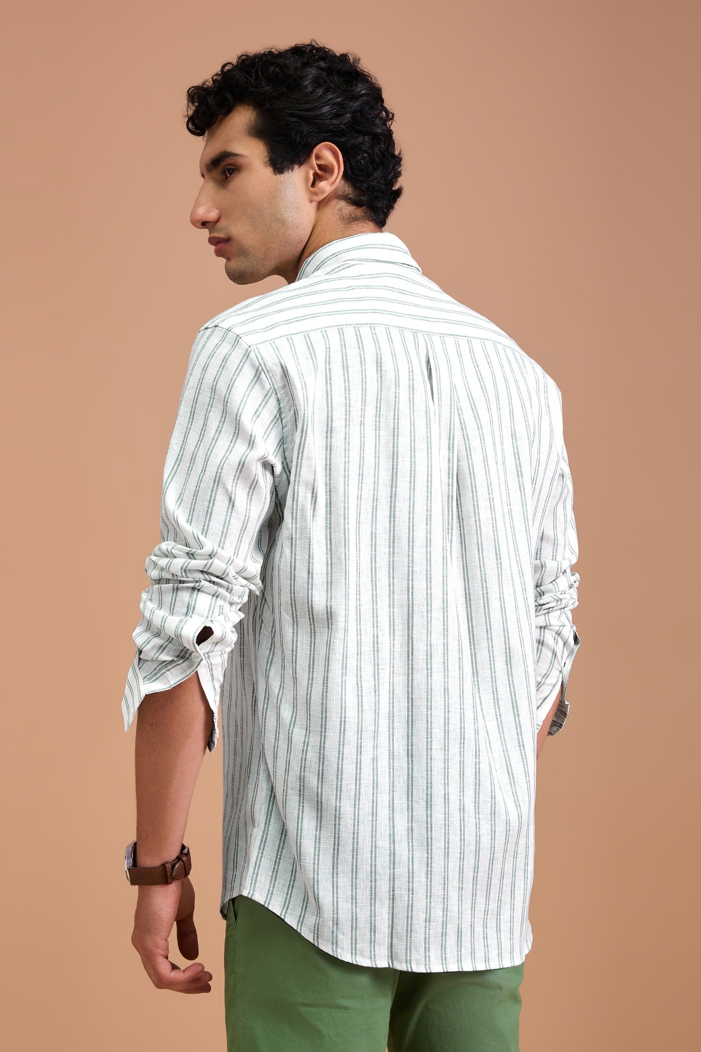 MARAISE- MENS PREMIUM COTTON LINEN BLEND GREEN STRIPED REGULAR FIT SHIRT