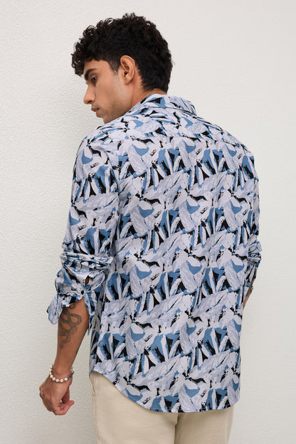 GROVE- MEN GROVE PREMIUM COTTON BLEND BLUE PRINTED CASUAL SLIM FIT SHIRT